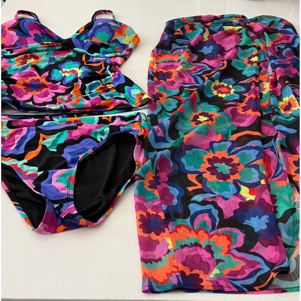 Freshwater Womens 3pc Floral Tankini Swimsuit Set with Wrap Skirt Multicolor S/M